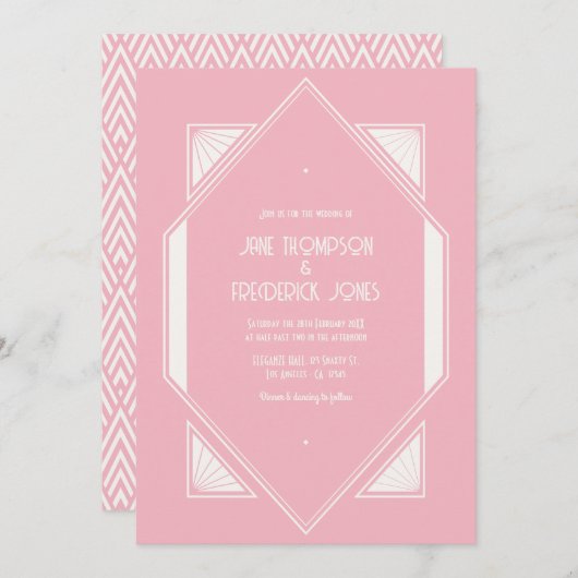 Rose Quartz & Soft Ivory Art Deco Wedding Photo 招待状 (正面/裏面)