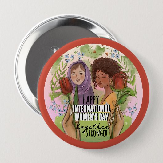 Rose Red Womens Day Button I Stronger together 缶バッジ (正面&裏面)