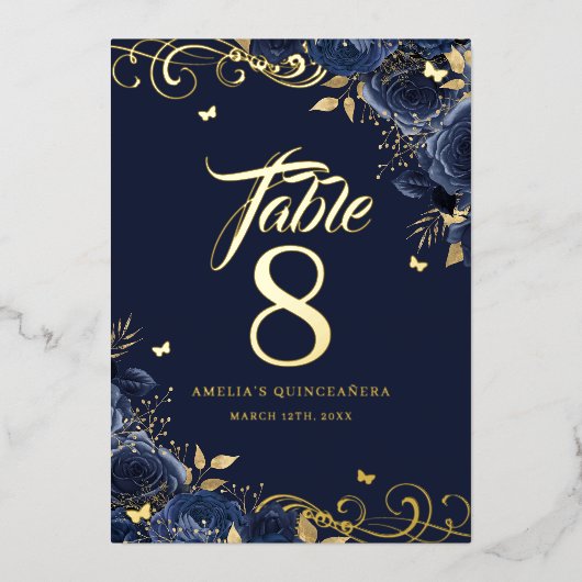Rose Swirl Navy Quinceanera Gold Table Number 箔招待状 (正面)