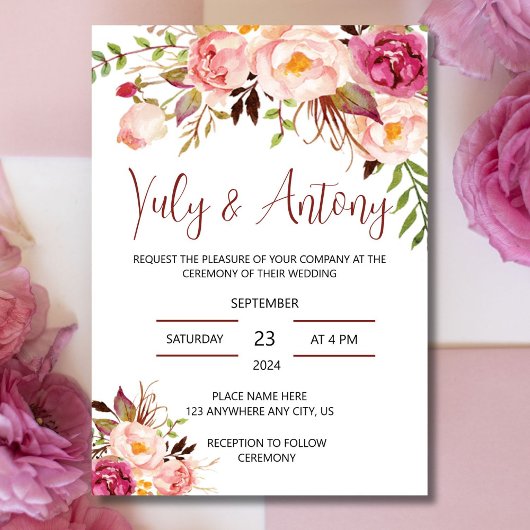 Rose template Invitación para boda floral acuarela 招待状