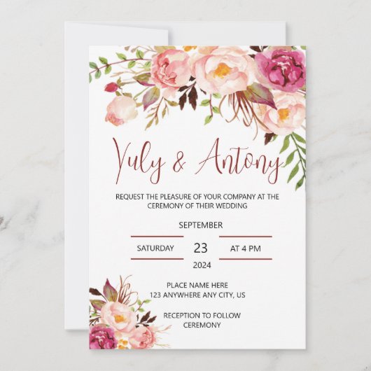 Rose template Invitación para boda floral acuarela 招待状 (正面)