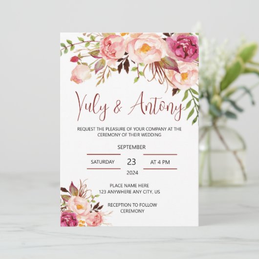 Rose template Invitación para boda floral acuarela 招待状 (スタンド正面)