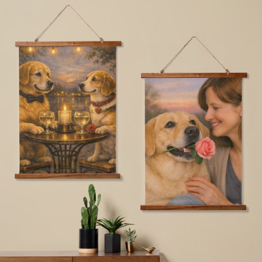 Rose-Themed Dog Tapestry Set Wall Art (Set of Two) 吊り下げ型タペストリー (非対称)