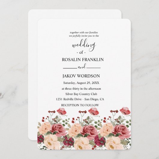 rose watercolor wedding Invitation 招待状 (正面/裏面)
