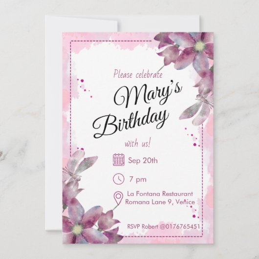 Rosé Watercolour Florals Birthday 招待状 (正面)