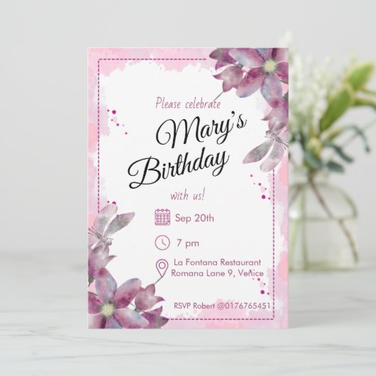 Rosé Watercolour Florals Birthday 招待状 (スタンド正面)