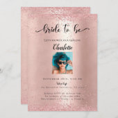 Rosegoldモダン Glitzer「Bride To Be」写真 招待状 (正面/裏面)