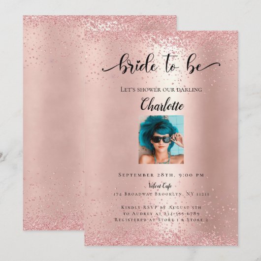 Rosegoldモダン Glitzer「Bride To Be」写真 招待状 (正面/裏面)