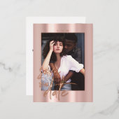 Rosegold Script Photo Wedding Save the Date 箔シーズンポストカード (正面/裏面)