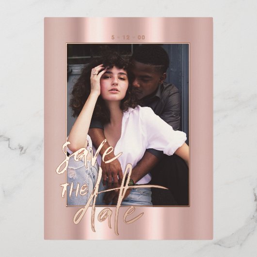 Rosegold Script Photo Wedding Save the Date 箔シーズンポストカード (正面)