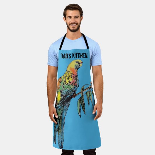 Rosella Parrot Birds Blue Pattern Mens Dads Apron エプロン (着用した状態)