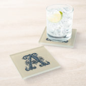  Rosemaling Monogram Prussian Blue ガラスコースター (アングル)