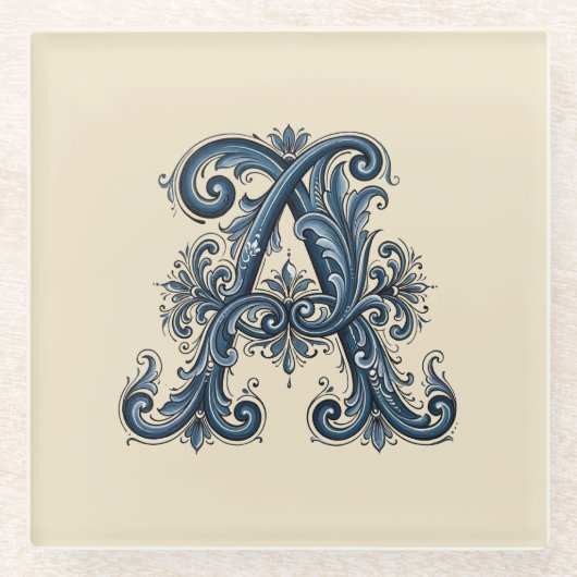  Rosemaling Monogram Prussian Blue ガラスコースター (正面)