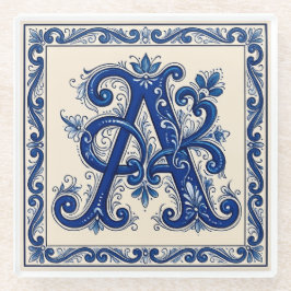Rosemaling Monogram Prussian Blue ガラスコースター