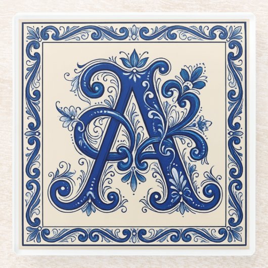 Rosemaling Monogram Prussian Blue ガラスコースター (正面)