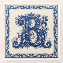 Rosemaling Monogram-Prussian Blue ガラスコースター