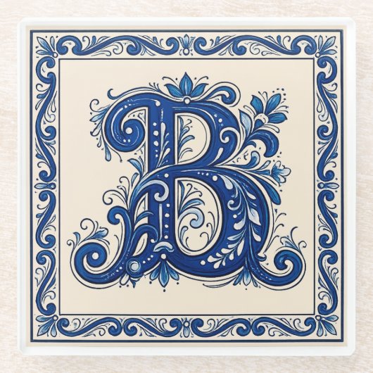 Rosemaling Monogram-Prussian Blue ガラスコースター (正面)