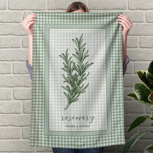 Rosemary Herb Kitchen Towel – Green Gingham Border キッチンタオル