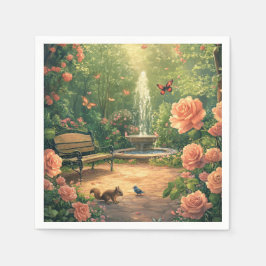 Rosengarten mit Springbrunnen mit Schmetterling スタンダードカクテルナプキン