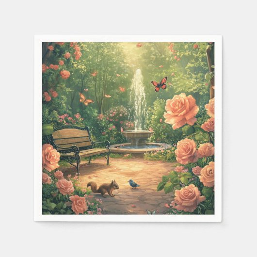 Rosengarten mit Springbrunnen mit Schmetterling スタンダードカクテルナプキン (正面)