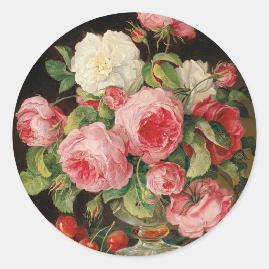 Roses and cherries oil painting ラウンドシール (正面)