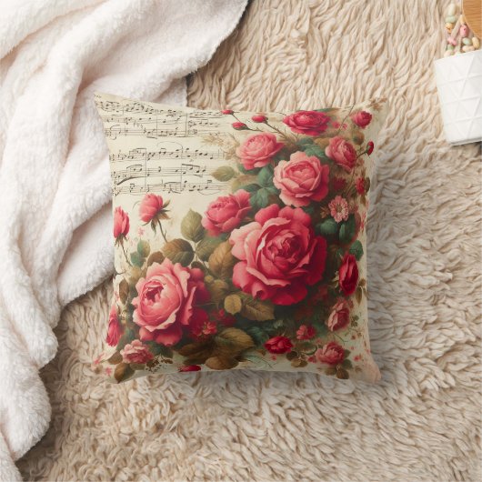 Roses and Music Notes Throw Pillow,  クッション (ブランケット)