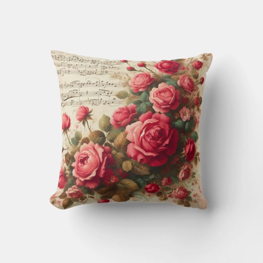 Roses and Music Notes Throw Pillow,  クッション (正面)