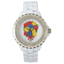 Roses Bouquet Women Rhinestone White Enamel Watch 腕時計
