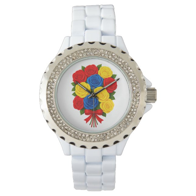 Roses Bouquet Women Rhinestone White Enamel Watch 腕時計 (正面)