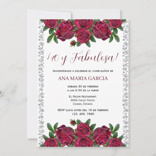 Roses & Diamonds Feminine 40th Birthday Spanish 招待状 (正面)