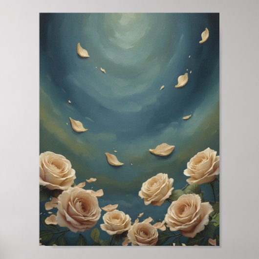 Roses & Floating Petals Teal Blue Oil Painting ポスター (正面)