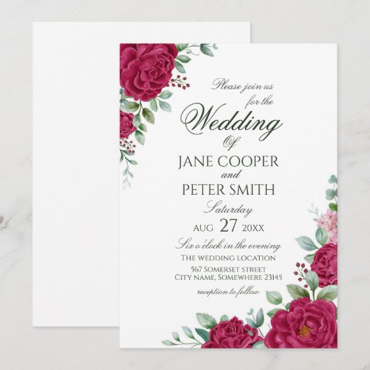 Roses floral Budget Wedding Invitation 招待状 (正面/裏面)