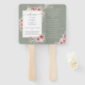 Roses Floral Elegant Sage Green Wedding Program ハンドファン (正面&裏面)