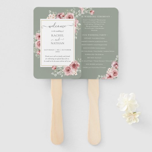 Roses Floral Elegant Sage Green Wedding Program ハンドファン (正面&裏面)
