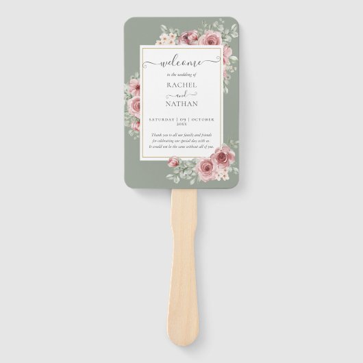 Roses Floral Elegant Sage Green Wedding Program ハンドファン (正面)