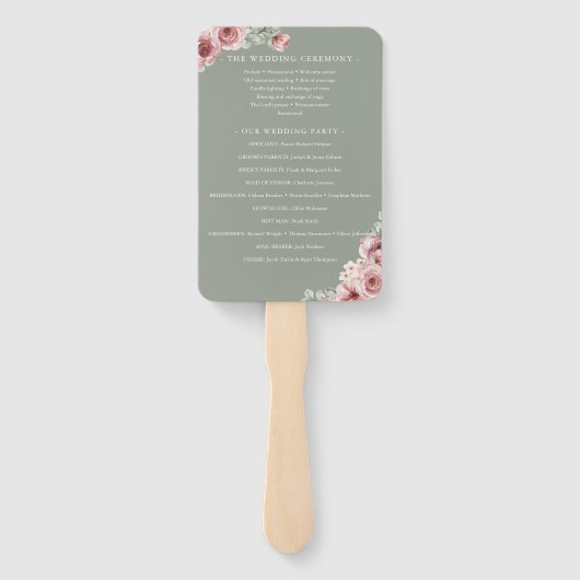 Roses Floral Elegant Sage Green Wedding Program ハンドファン (裏面)