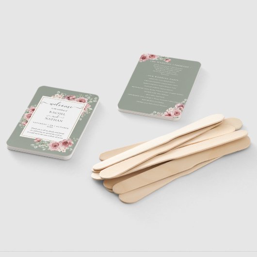 Roses Floral Elegant Sage Green Wedding Program ハンドファン (組立なし)