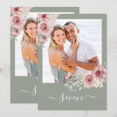 Roses Floral Sage Green Photo Table Number 招待状 (正面/裏面)