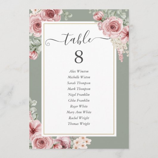 Roses Floral Sage Green Table Number 案内状 (裏面)