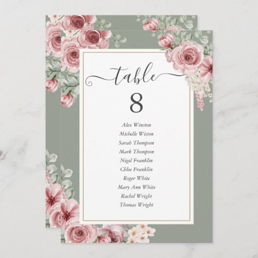 Roses Floral Sage Green Table Number 案内状 (正面/裏面)