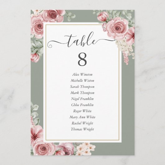 Roses Floral Sage Green Table Number 案内状 (正面)