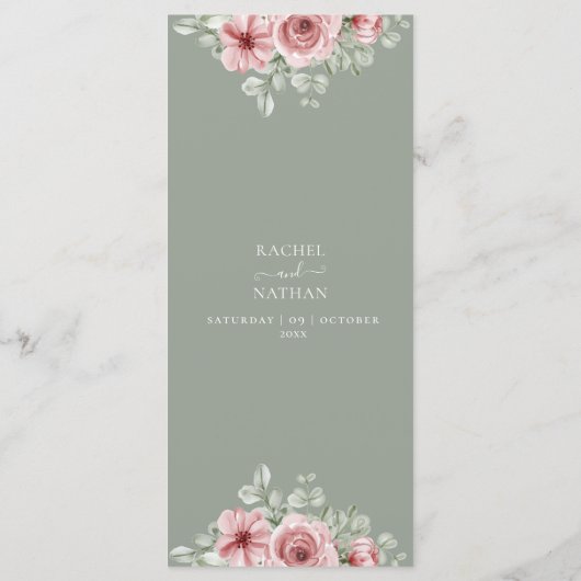 Roses Floral Sage Green Wedding Dinner メニュー (裏面)