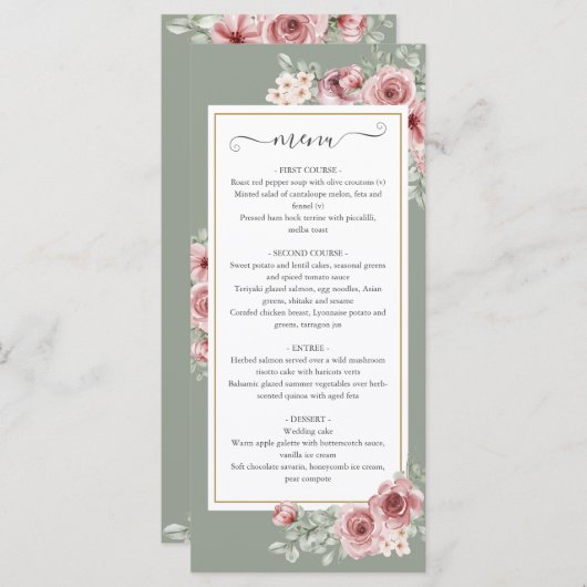 Roses Floral Sage Green Wedding Dinner メニュー (正面/裏面)