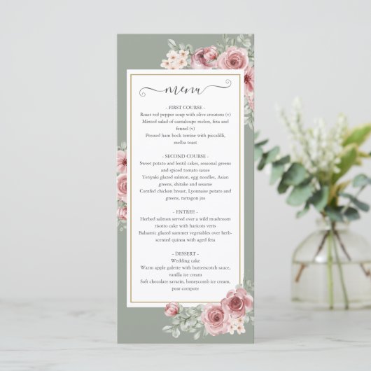 Roses Floral Sage Green Wedding Dinner メニュー (スタンド正面)