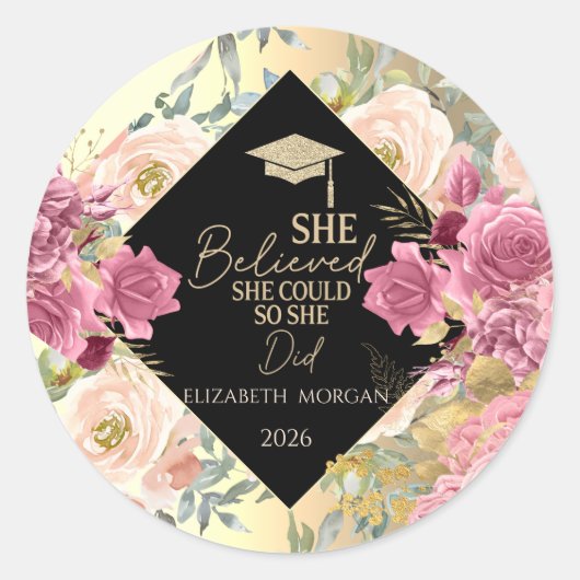 Roses Flowers Gold Cap Motivational Message  ラウンドシール (正面)