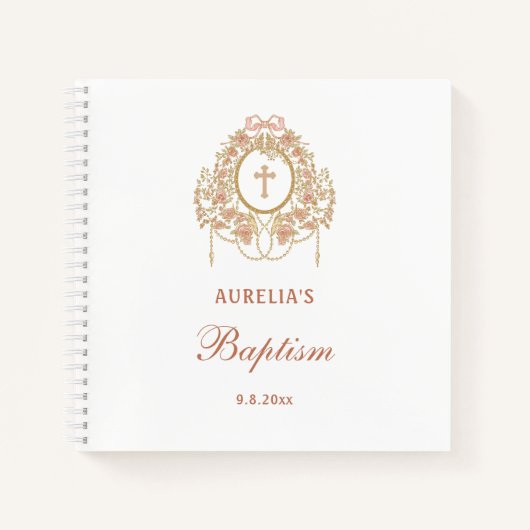 Roses Frame Holy Cross Baptism Guest Book ノートブック (正面)