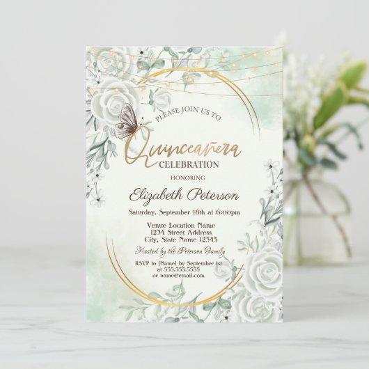 Roses Glitter Butterfly String Lights Green 招待状 (スタンド正面)