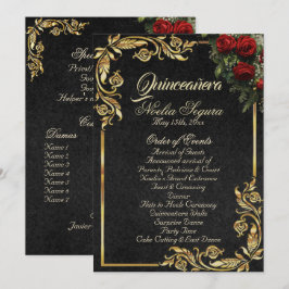 Roses & Gold Leaves - Black Quinceanera Program プログラム