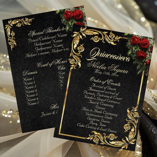 Roses & Gold Leaves - Black Quinceanera Program プログラム