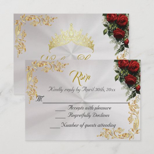 Roses & Gold Leaves - Pearl White RSVP (正面/裏面)